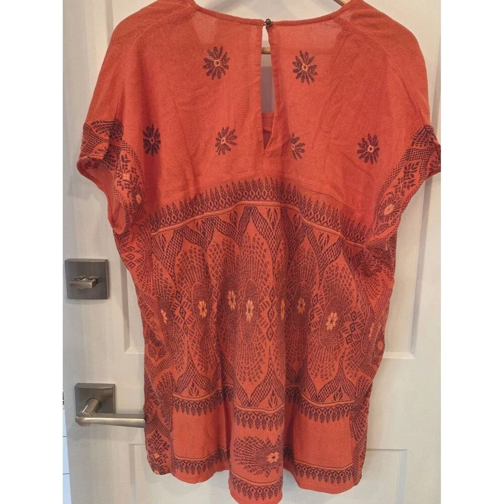 Free People New Romantics Beaded Artisan Gauzy Knit Tunic Top Coral S Crunchy